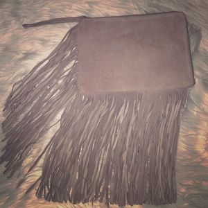 Zara Light Gray Suede Fringe Clutch